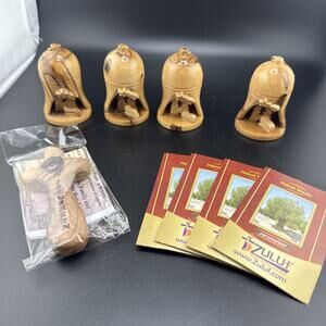 Zuluf Hand Carved Olive wood Cross Jerusalem 4 bell shaped ornaments nativity